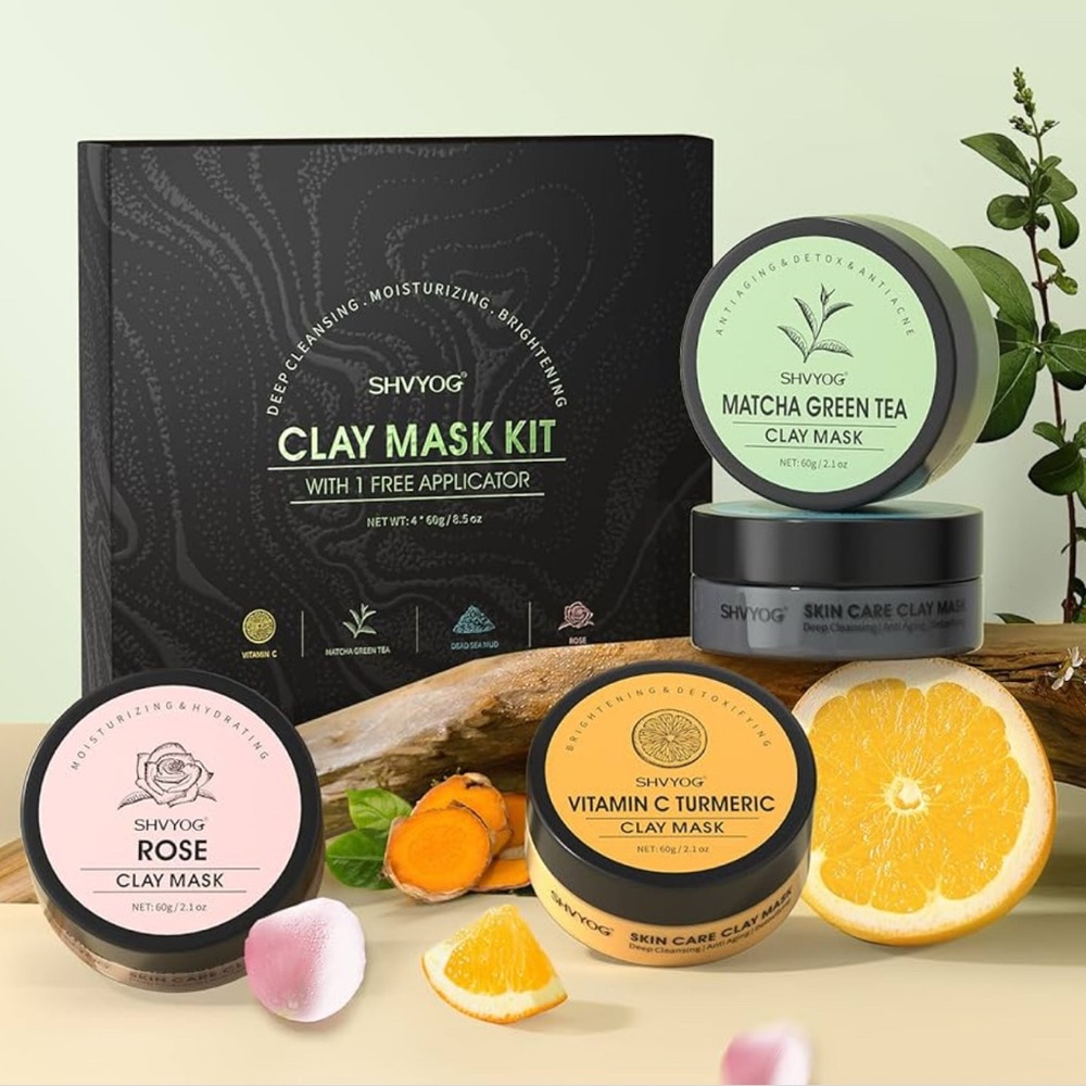 4 Clay Mask Set - Matcha Green Tea, Tumeric and Vitamin C, Rose, and Dead Sea.